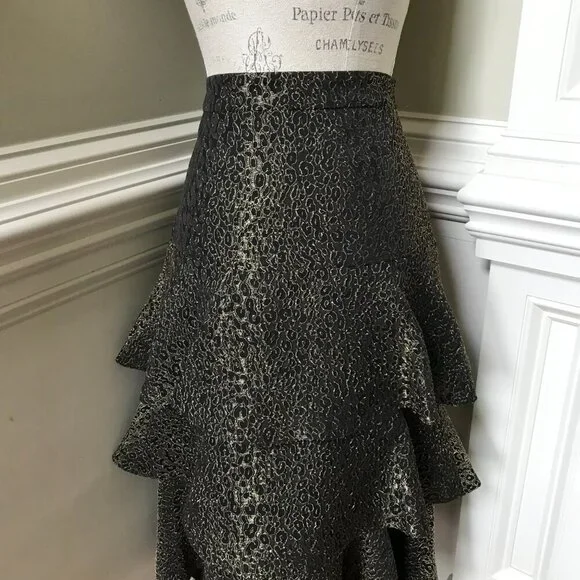 Charlotte Brody Cascade Ruffle Midi Skirt Womens 8 Black Gold High Rise Tiered